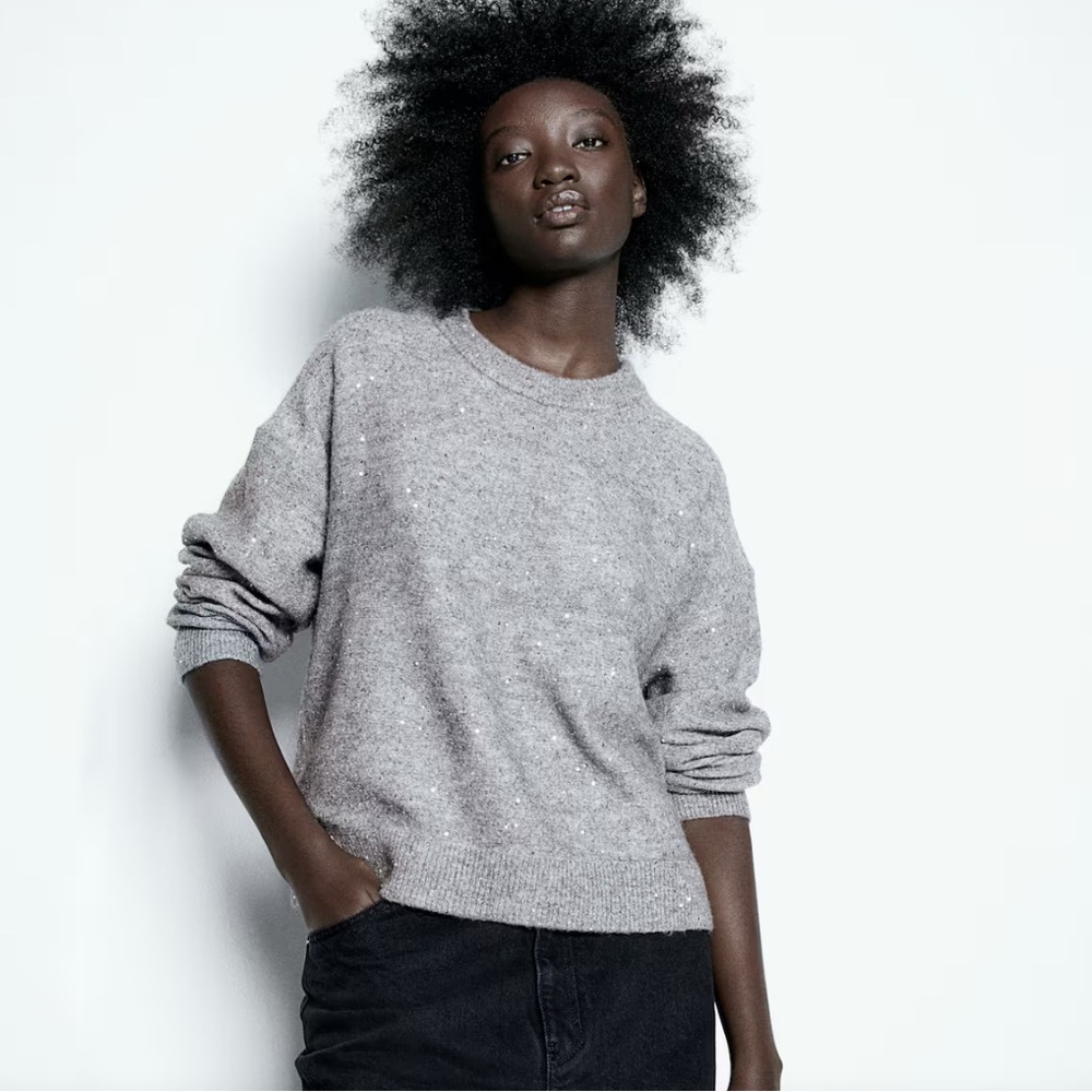 H&M Gray Shiny Boyfriend Embellished Sweater XS